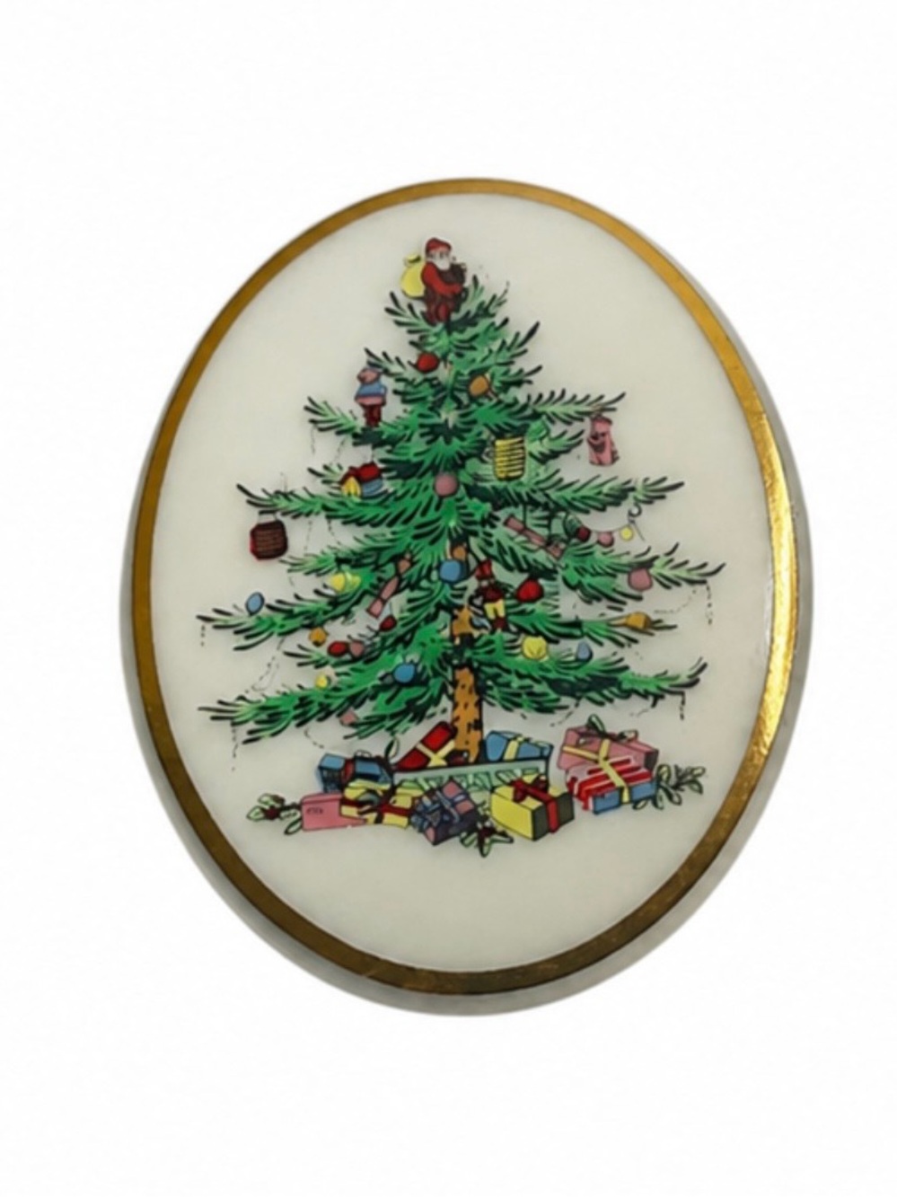 Spode Christmas Tree Porcelain Brooch Pin Gold Trim Holiday Jewelry Signed